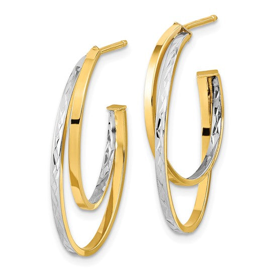 14k and Rhodium Polished and D/C Double J-Hoop Post Earrings