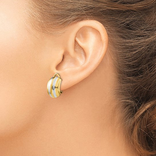 14k and Rhodium Ribbed Omega Back Post Earrings