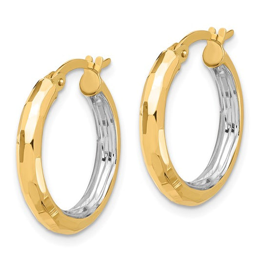 14K with White Rhodium Polished and Diamond-cut Hoop Earrings