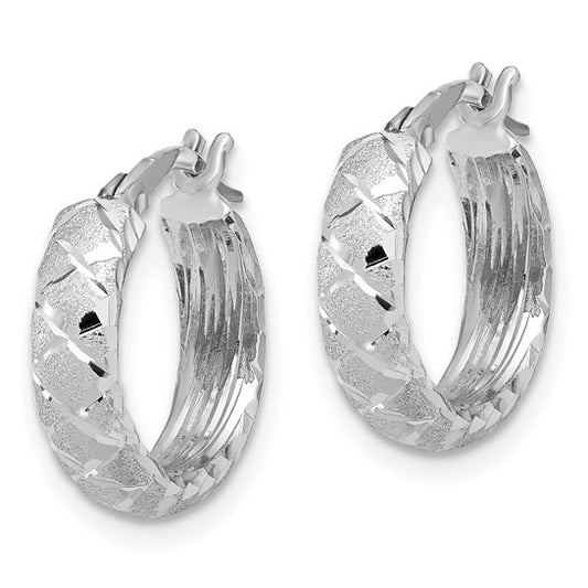 14K White Gold Satin Criss Cross 4mm Diamond Cut Hoop Earrings