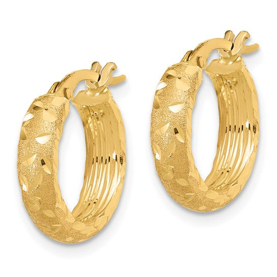 14K Satin 4mm Diamond Cut Hoop Earrings
