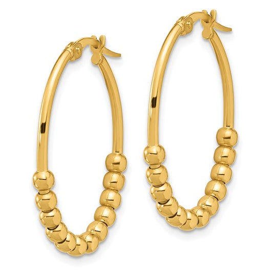 14K Polished Beaded Oval Hoop Earrings