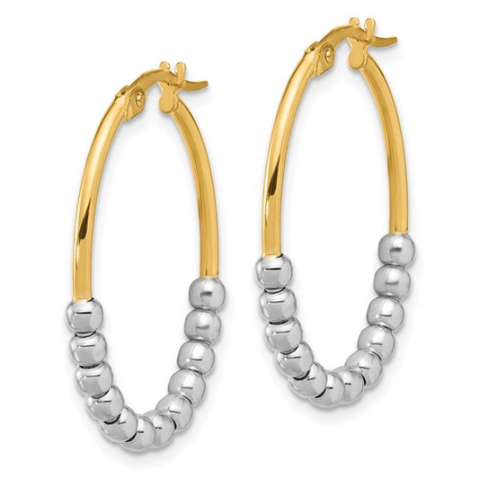14K Two-tone Polished Beaded Oval Hoop Earrings
