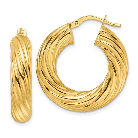 14ky Polished Twist 6mm Hollow Round Hoop Earrings