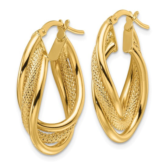 14ky Polished Textured and Intertwined Oval Hoop Earrings