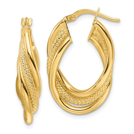14ky Polished Textured and Intertwined Oval Hoop Earrings
