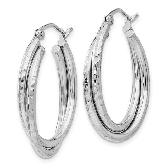 14k White Gold Diamond-cut Polished Oval Hoop Earring