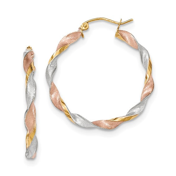 14k Tri-color Satin Twisted Hoop Earrings