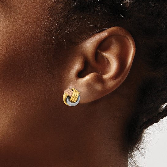 14k Yellow with White and Rose Rhod Pol Textured Triple Love Knot Post Earrings