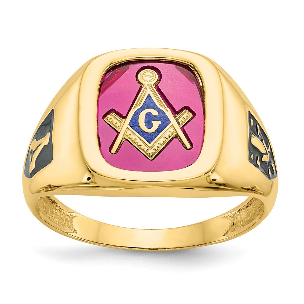 14k Men's Textured w/ Black Enamel & Lab Cr. Ruby Masonic Ring