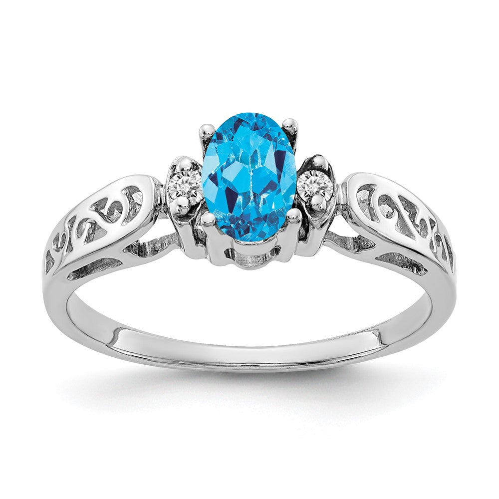 14k White Gold 6x4mm Oval Blue Topaz AA Diamond ring
