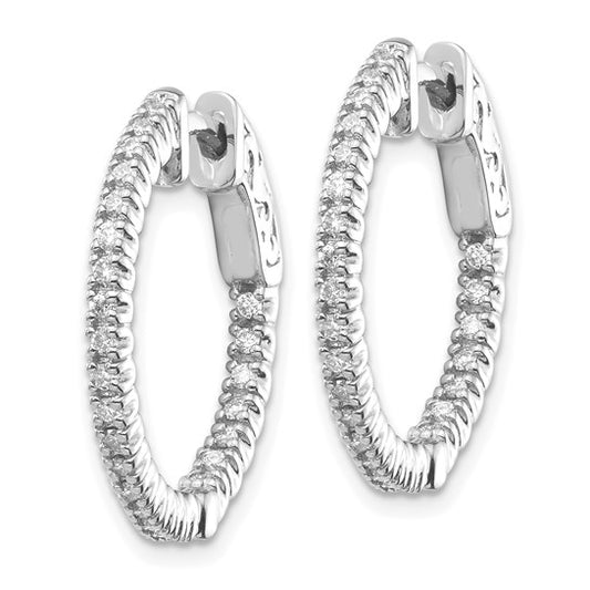 14k White Gold Diamond Round Hoop with Safety Clasp Earrings