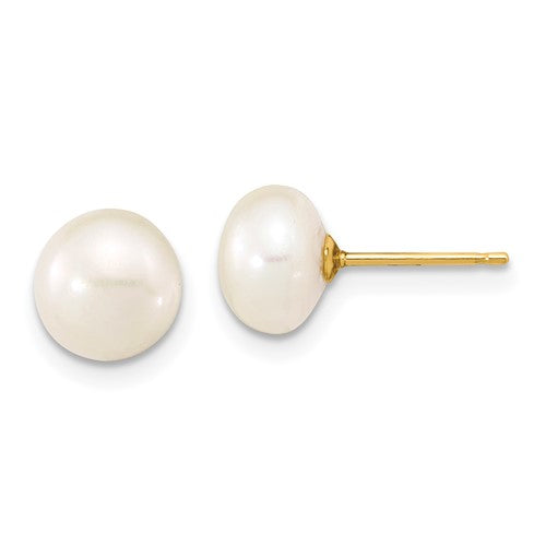 14K 7-8mm Near Round White FWC Pearl Necklace and Button Earring Set