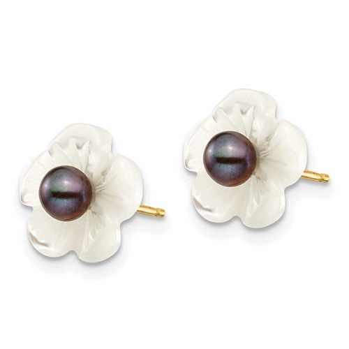 14k 3-4mm Black FW Cultured Pearl with 10 mm MOP Flower Post Earrings