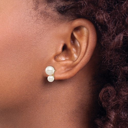 14K 5 and 7mm White Round FW Cultured Double Pearl Post Earrings