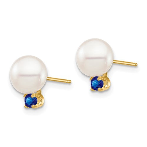 14K 7-7.5mm White Round Freshwater Cultured Pearl Sapphire Post Earrings