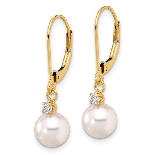 14K 7-8mm Round White Akoya Pearl .10ct Dia Dangle Leverback Earrings