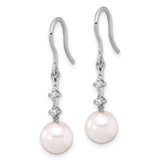 14K White Gold 7-8mm Wht Akoya Pearl .04ct Dia Shepherd Hook Earrings