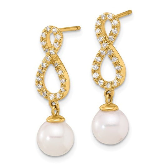 14K 7-8mm Rnd Wht Akoya Pearl and .40ct Dia Infinity Post Dangle Earrings