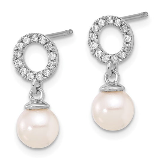 14K White Gold 6-7mm Rnd White Akoya Pearl and .20ct Dia Dangle Earrings