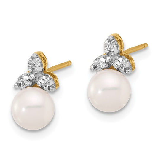14K 5-6mm Round White FWC Pearl and .06ct Diamond Post Earrings