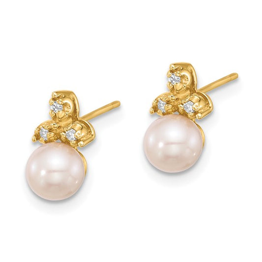 14K 5-6mm Button Freshwater Cultured Pearl .06ct Dia Post Earrings