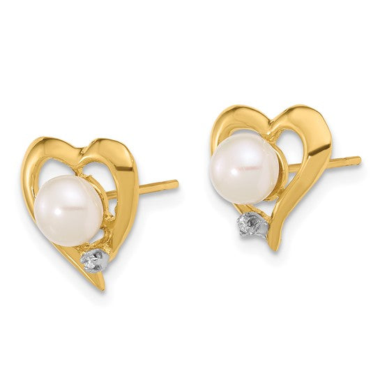14K 5-6mm Button White FWC Pearl .02ct Diamond Heart Post Earrings