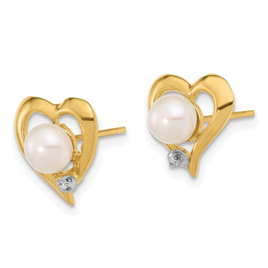 14K 5-6mm Button White FWC Pearl .02ct Diamond Heart Post Earrings