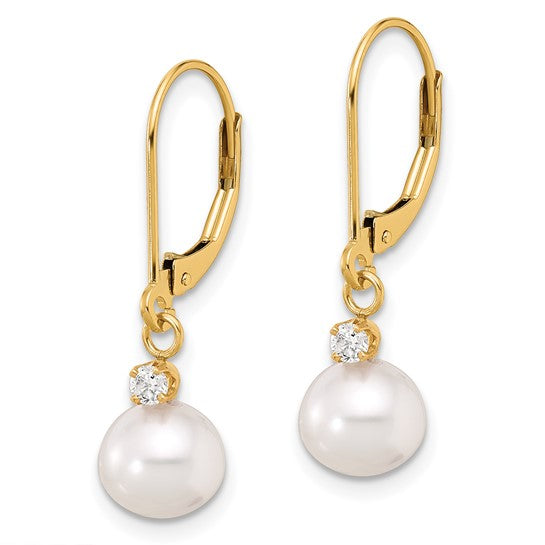 14K 7-8mm Round White FWC Pearl and .10ct Diamond Leverback Earrings
