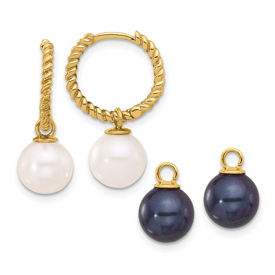 14K 7-8mm Black and White FWC Pearl Removable Dangle Hoop Earrings
