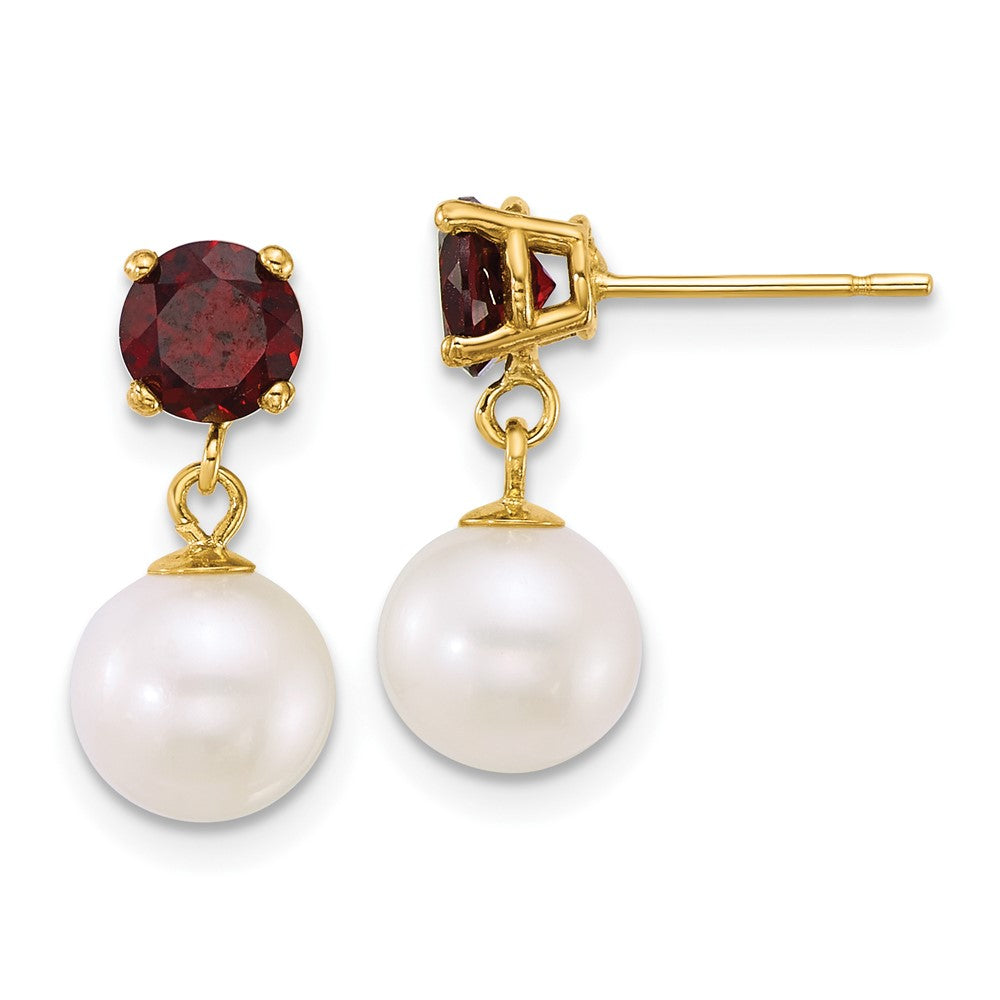 14k 7-8mm Round White FWC Pearl and Garnet Post Dangle Earrings