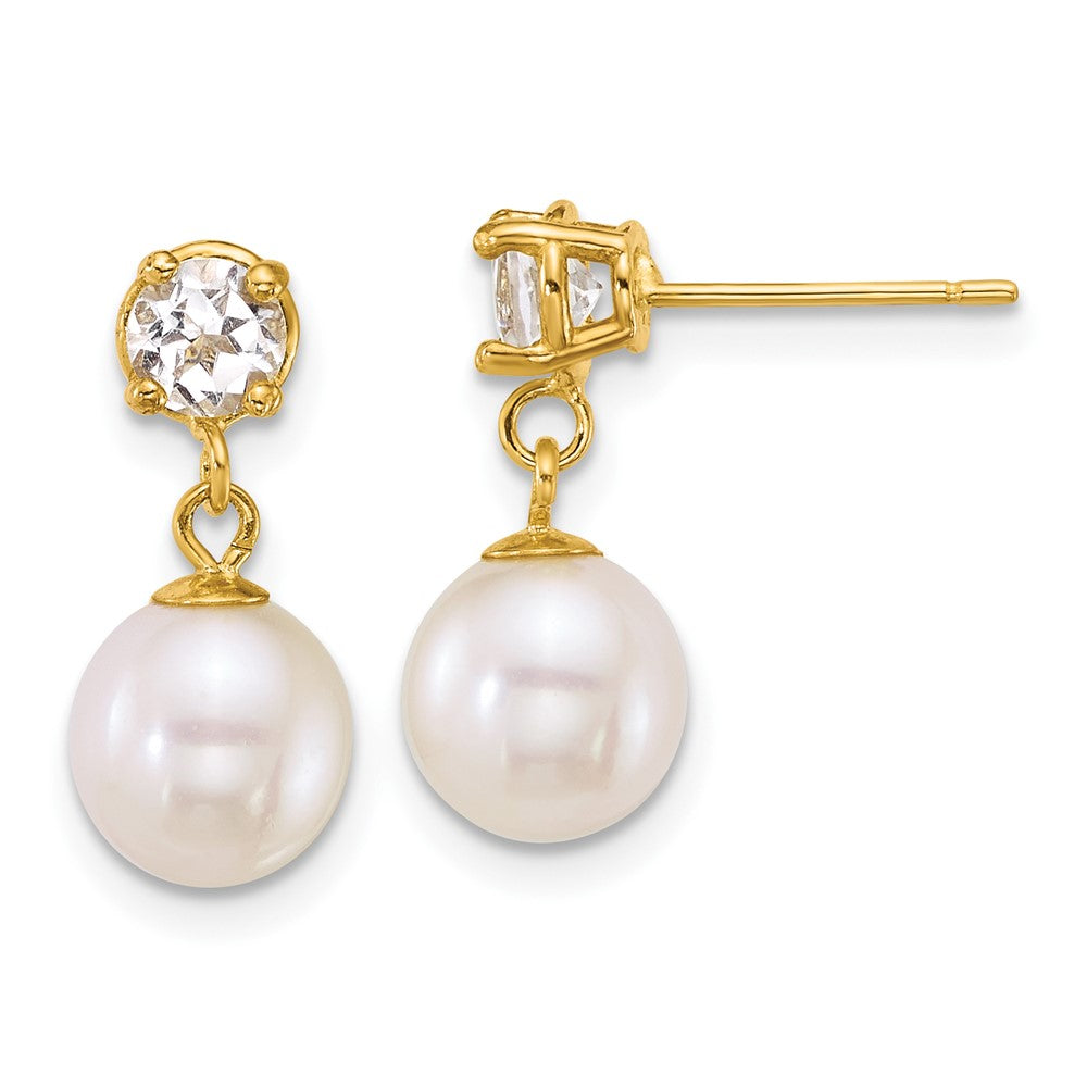 14k 7-8mm Rnd Wht FWC Pearl & White Topaz Post Dangle Earrings