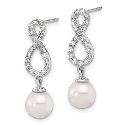 14K White Gold 7-8mm Wht Akoya Pearl and .40ct Dia Infinity Post Earrings