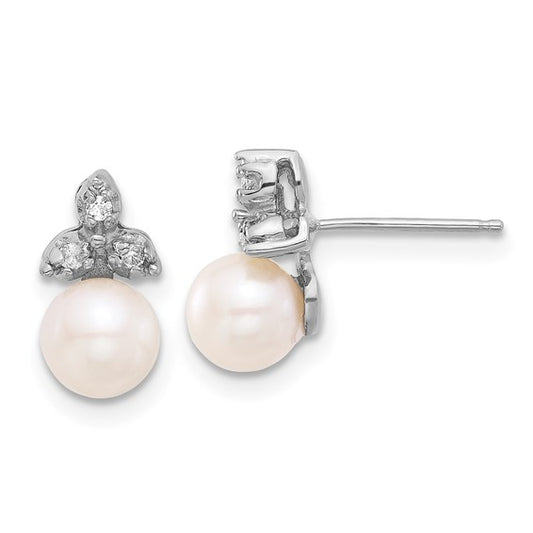 14K White Gold 5-6mm Round White FWC Pearl .06ct Dia Post Earrings