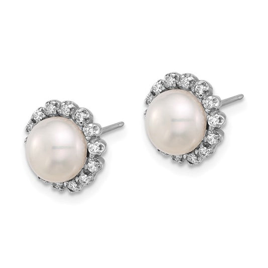 14K White Gold 7-8mm Button White FWC Pearl and .28ct Dia Post Earrings