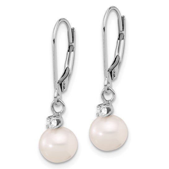 14K White Gold 7-8mm White FWC Pearl and .10ct Dia Dangle Earrings