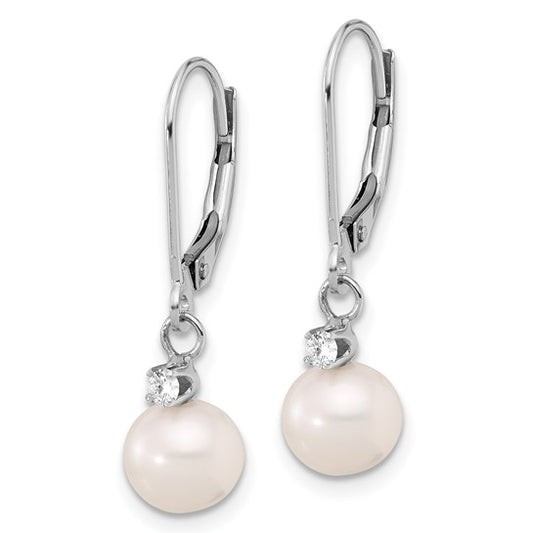 14K White Gold 7-8mm White FWC Pearl and .10ct Dia Dangle Earrings