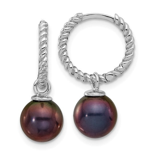 14K White Gold 7-8mm Black and White FWC Pearl Dangle Hoop Earrings