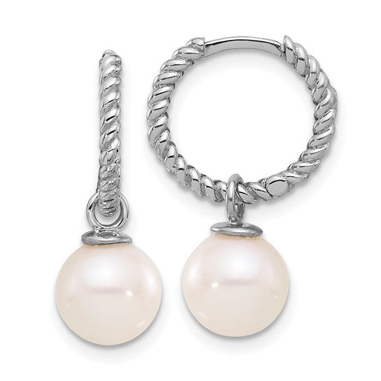14K White Gold 7-8mm Black and White FWC Pearl Dangle Hoop Earrings