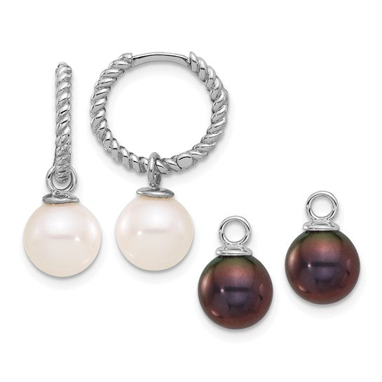 14K White Gold 7-8mm Black and White FWC Pearl Dangle Hoop Earrings