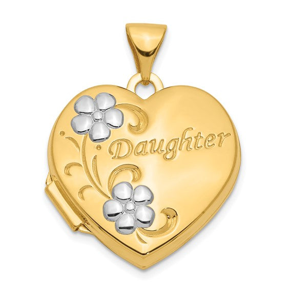 14k with Rhodium DAUGHTER Floral 18mm Heart Locket