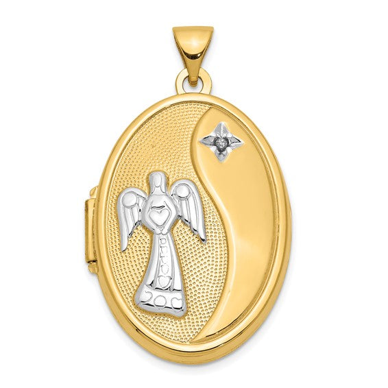 14ky with White Rhodium Diamond Guardian Angel Oval Family Locket