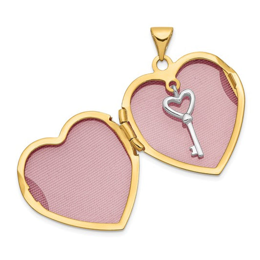 14k Two-tone with White Rhodium Heart with Key Charm Inside Heart Locket