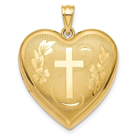 14k Textured and D/C Floral Cross Ash Holder Heart Locket