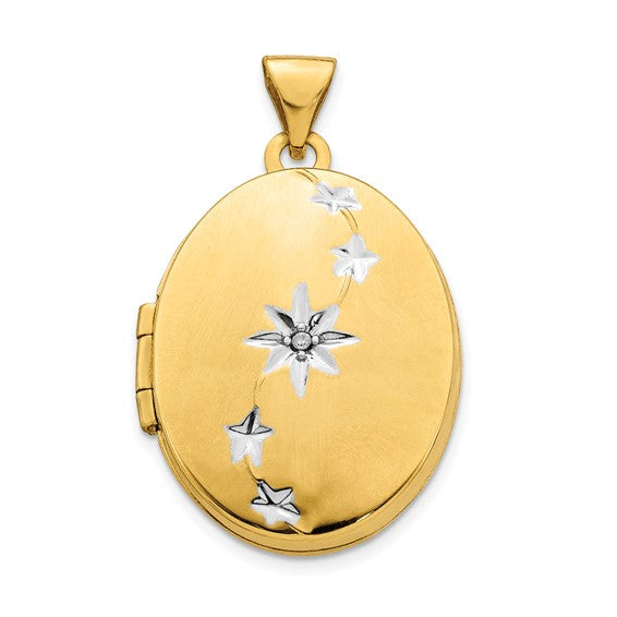 14ky with White Rhodium Brushed/Polished Diamond Stars Oval Locket