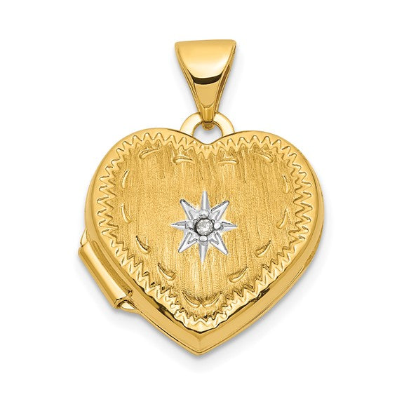 14k with White Rhodium Brushed Diamond Star 15mm Heart Locket