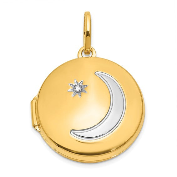 14K with White Rhodium 20mm Diamond Moon and Star Round Locket
