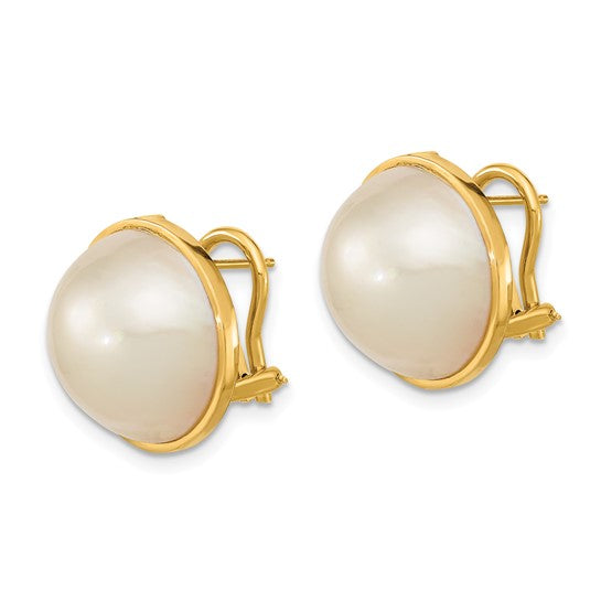 14k 14-15mm White Mabe Saltwater Cultured Pearl Omega Back Earrings