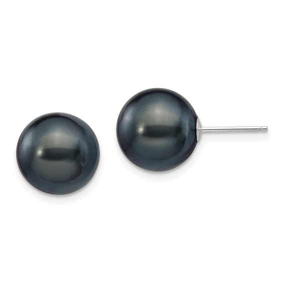 14k White Gold 10-11mm Black Round FW Cultured Pearl Stud Post Earrings