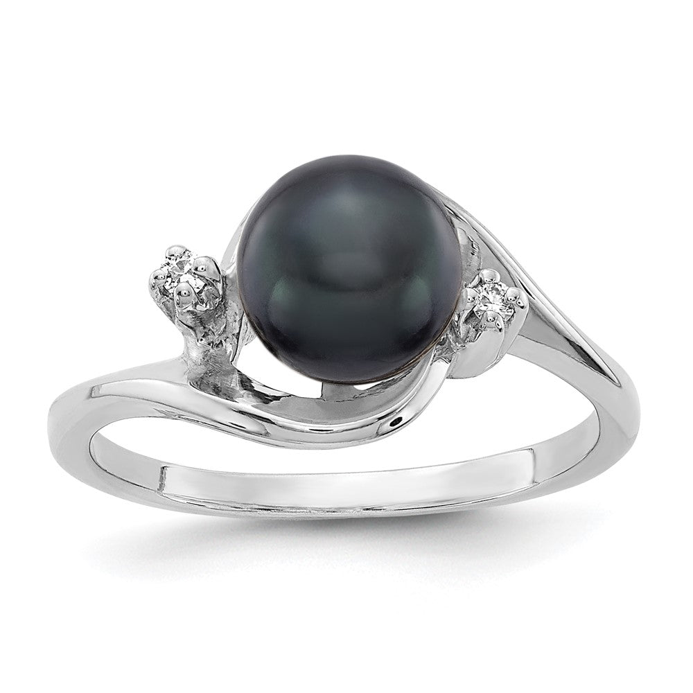 14k White Gold 7mm Black FW Cultured Pearl AAA Diamond ring